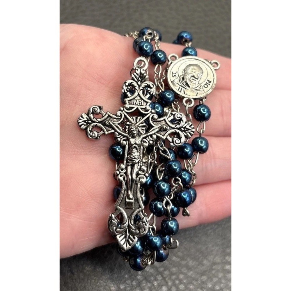 St. Pio Rosary Necklace Blue Faux Pearl Metal Beads Crucifix Silver Tone 28"